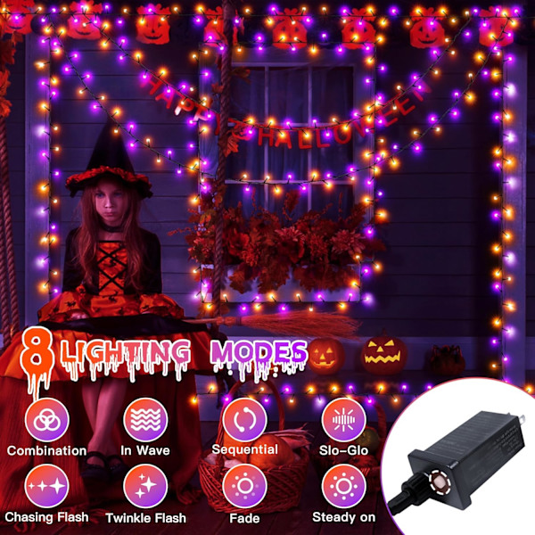 Halloween-lys utendørs, 300 LED 100FT oransje og lilla med 8 moduser timer, plugg inn Halloween-lyskjede for innendørs utendørs husgård