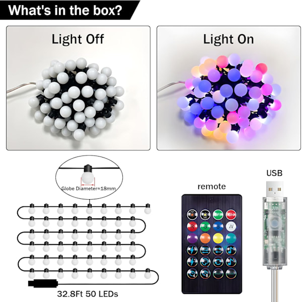 Utomhus ljusslinga, 33 fot uteplatsbelysning med dimbara 50 RGB LED-globlampor, färgförändrande lampor med app och fjärrkontroll, IP65 vattentät