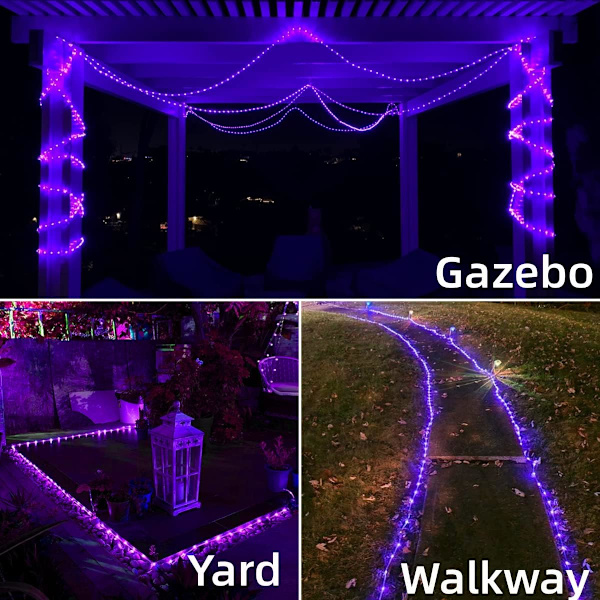 Lilla solcelledrivna utomhuslampor, vattentäta LED-ljusslingor utomhus, 72ft 200 LED-repbelysning utomhus, PVC-rör solcellslingor lila lila