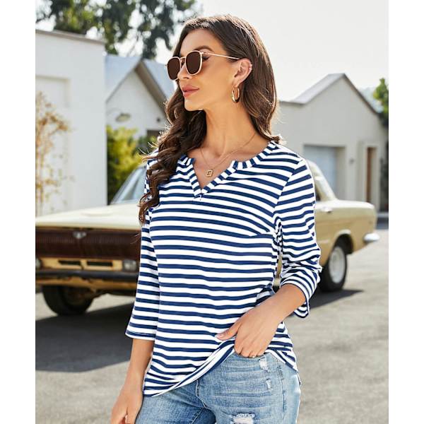 Dammjuk V-ringad 3/4 ärm tunika topp randig Henley blusar