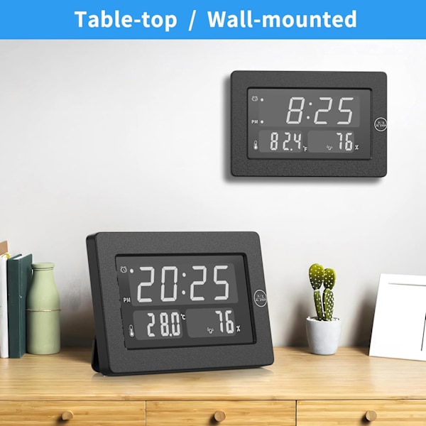 Alarmklokke, skrivebord med temperatur, fuktighet, veggklokke, batteridrevet, automatisk dimming, 12/24 timer, for skrivebord, veggmontert, klokke for dyp svart