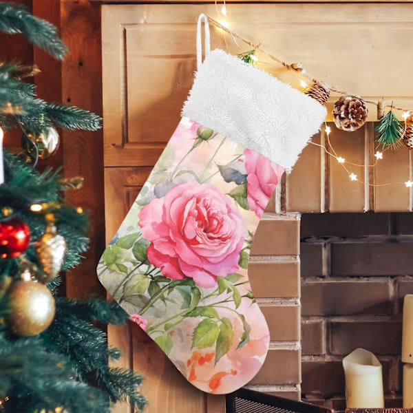 Julklapp, personliga julklappsstrumpor 2-pack Rosaröd Blomma 45,7 cm Julstrumpor Hängande Ornament Eldstad för Träddekoration 1