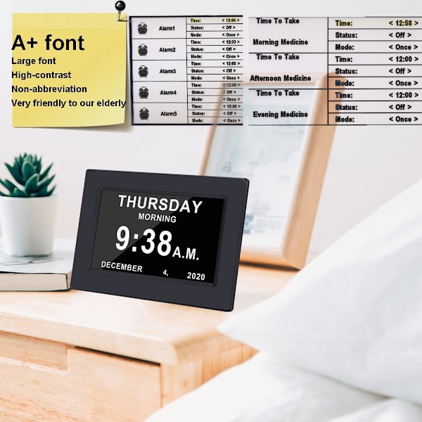 Klocka med dag och datum för äldre - 3 färger display digital kalender väckarklocka demens Alzheimers klocka med extra stor display (7in svart)