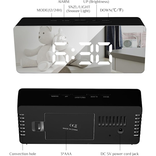 Digital väckarklocka för sovrum, LED elektronisk väckarklocka, USB-port, Baery backup väckarklocka, justerbar ljusstyrka med temperatur/snooze 002