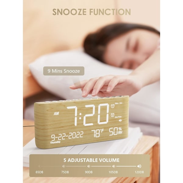Väckarklocka för sovrum, sängbord, digital väckarklocka i trä med reservbatteri, USB-port, 200 % ljusstyrkedimmer, snooze, dubbelalarm med gult
