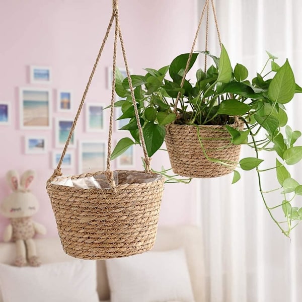 Växtupphängningar Hängande korg Jute rep Hängande blomkorg Korgkorg Fällbar sjögräs Blomkruka Macrame växtupphängningar Suckulent Krukväxt 3