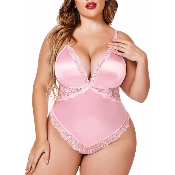 Plus Size Lingerie för Kvinnor Sexig Snap Crotch Teddy Bodysuit Satin Deep V