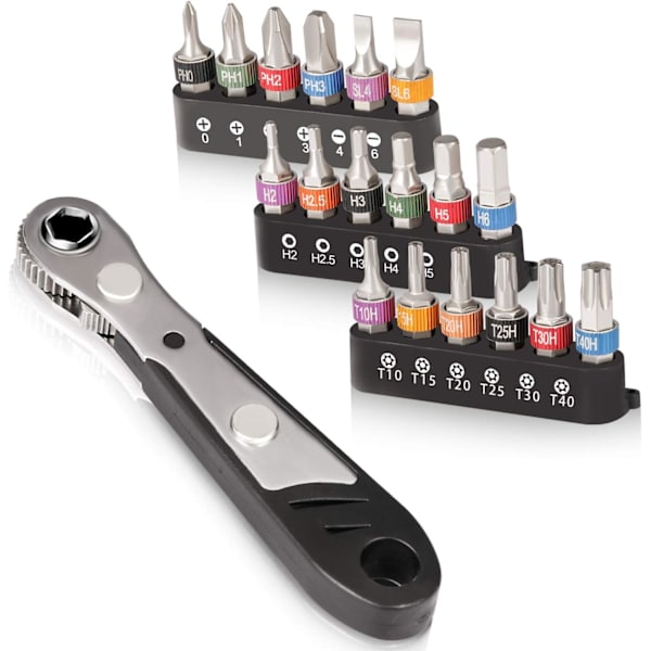 19PCS 1/4 Mini Ratchetnøgle Offset Skruetrækkersæt, S2 Stål