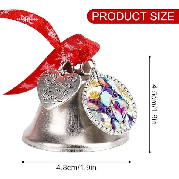 Boston Terrier Silver Bell Ornament Julgrans Klockor med Röd Snöre Metall Jul Hängande Dekorationer för Semesterfest Kärleksklocka Kärleksklocka