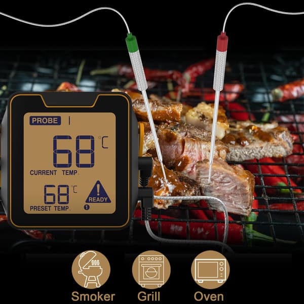 wxsp Kjøtttermometer, kjøkkentermometer, Bluetooth, digitalt, termometer med timerfunksjon og 2 prober for matlaging, grilling, ovn, batteri