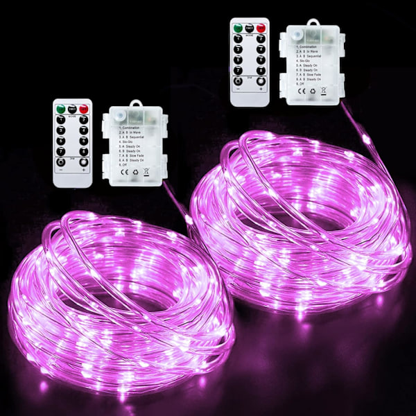 2 Pakke Rosa Tau Lys Batteridrevne Strenglys Innendørs Utendørs Vanntett, Hver 33ft 100 LED 8 Modus Tau Eventyrlys, Rosa Batteri Rosa 2