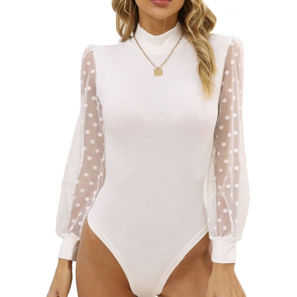 Kvinnors Bodysuit Turtle Neck Polka Dot Sheer Mesh Långärmad Ribbad Bodysuits