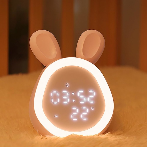 Barnealarmklokke Kanin  Justerbar Lysstyrke Snooze Led Nattlys Termometer Display Gjenladbar Kawaii Digital Klokke Dekor for Barn Hvit