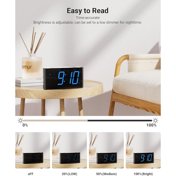 Digital väckarklocka för sovrum - Stor 7,5'' LED-display med dimmer, snooze, 7-färgad nattlampa, enkel att ställa in, USB-laddare, baery backup,