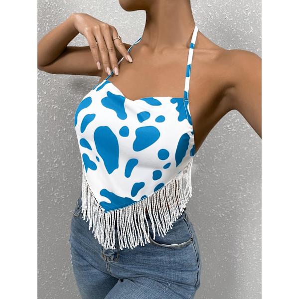 Kvinners kutrykk ermeløs halter crop topp frynser trim tie ryggløs bandana