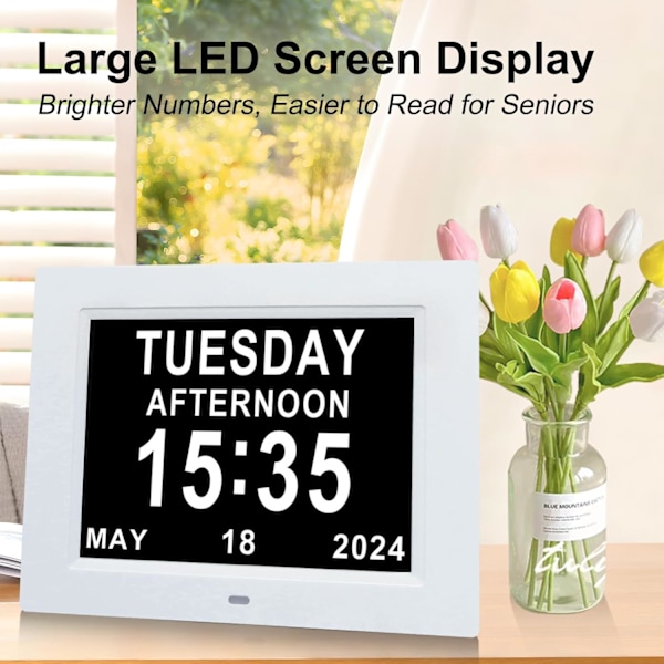 Digital klocka demens för seniorer, för sovrum med datum och veckodag, stor display kalenderklocka äldre, Baery Backup, SD-kortvideo,