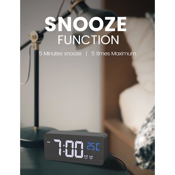 Väggklocka för sovrum, digital träklocka med stora siffror, dubbla alarm, justerbar hög volym för tunga sovare, snooze, 500% dimmer,