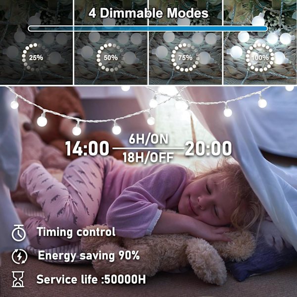 Batteridrevne lyskæder til indendørs soveværelse, Calibre 0,8IN 20ft 60led Globe Fairy Lights med timer, 8 tilstande klyngelys til udendørs klasseværelse