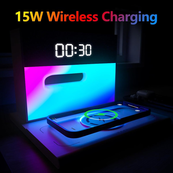 for soverom, Vekkerklokke Bluetooth-høyttaler, Vekkerklokke med trådløs lading, 4 i 1 Touch-senglampe, Bluetooth-vekkerklokke for tunge rosa