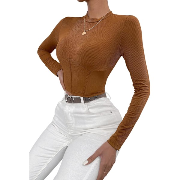 Kvinners Mock Neck Langarmet Ribbstickad Slim Fitted Crop