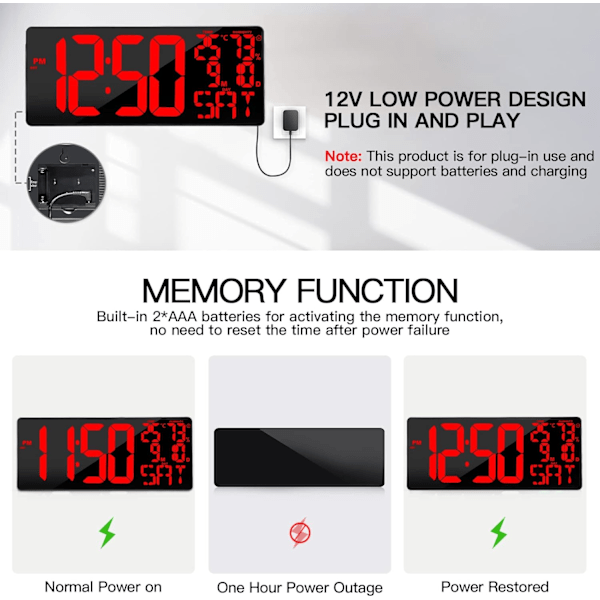 [Oversized] 18\" Stor Digital Væg Ur med Fjernbetjening, Automatisk Dæmpning Digital Ur Stort Display med Dato/Temp/Uge, DST, Alarm, 5.9”Jumbo