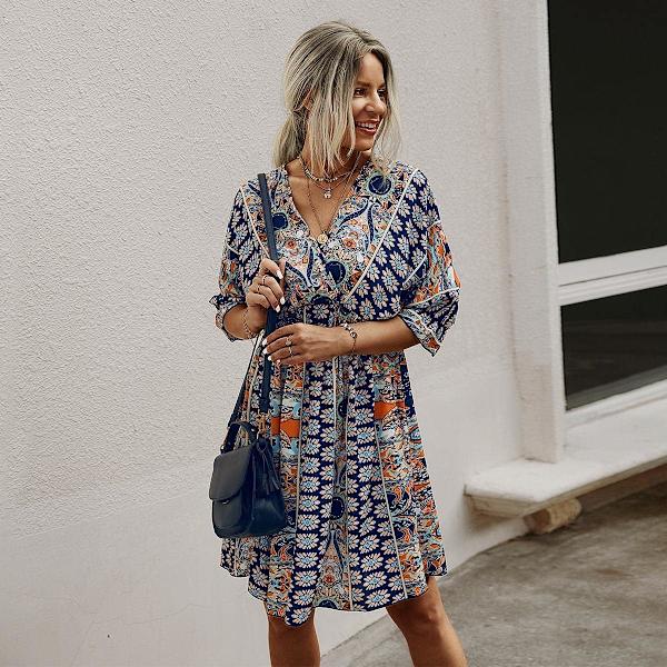 Romwe Boho Tribal Print Kortærmet V-hals Bindebånd Sommerkjole til Kvinder