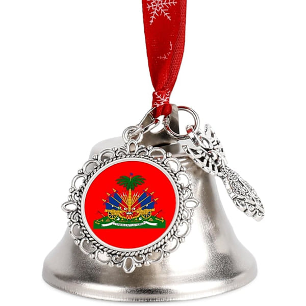 Haitis vapensköld Silver Bell Ornament Julgrans Klockor med Röd Snöre Metall Jul Hängande Dekorationer för Semesterfest Vingklocka