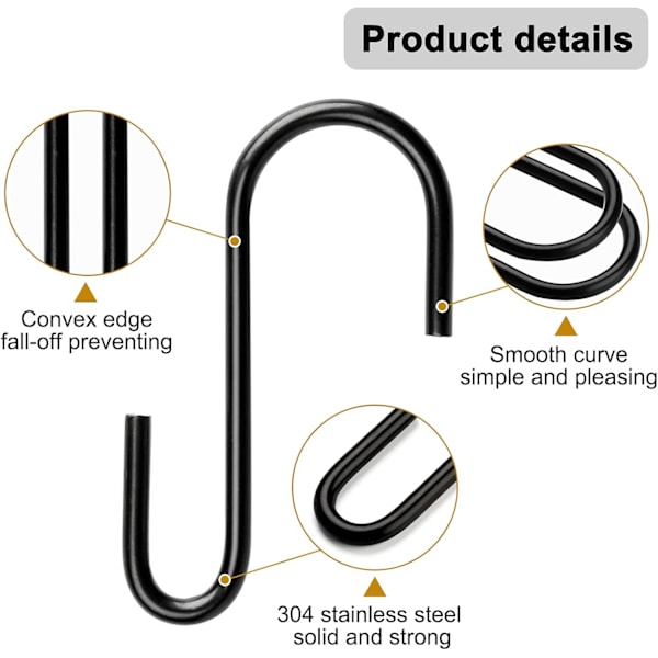 20 stk sorte S-kroker for oppheng - Heavy Duty rustfritt stål
