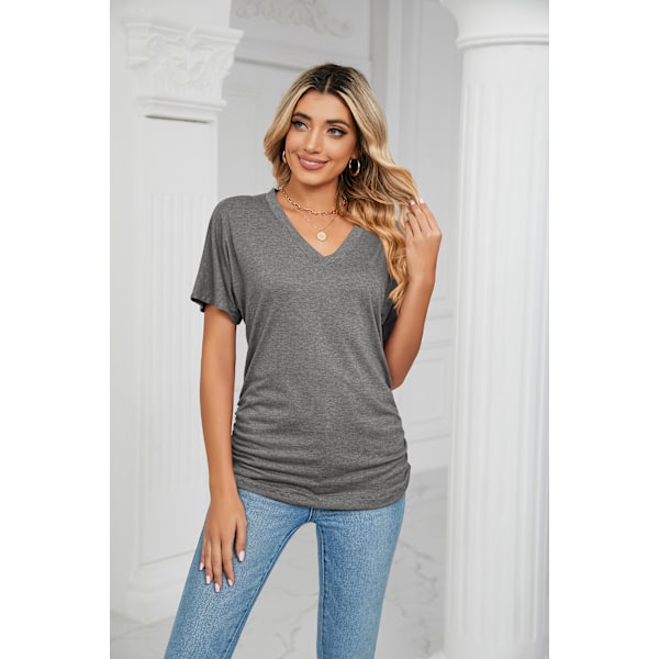 V-ringad enfärgad lös T-shirt damtopp