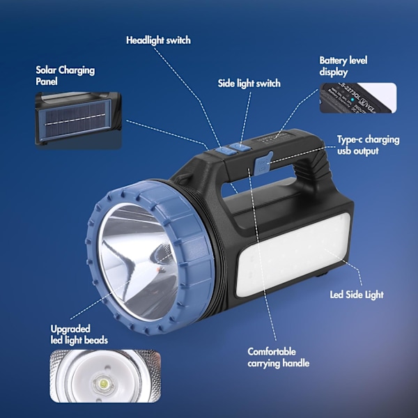 Genopladelig LED Søgelygte - 8000LM Dobbelt USB/Solar Opladning | IP65 Vandtæt 2400mAh til Udendørs & Arbejde