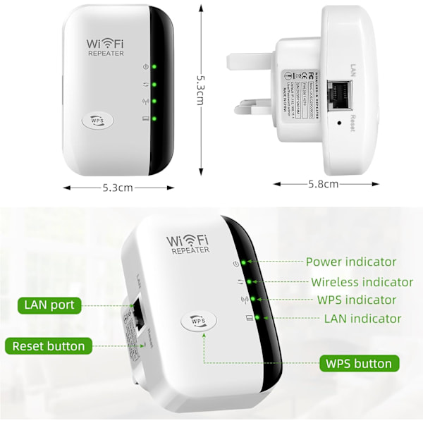 WiFi Extender Booster - Repeater/AP-läge med Ethernet-port - WPA2 Säker Bred Täckning