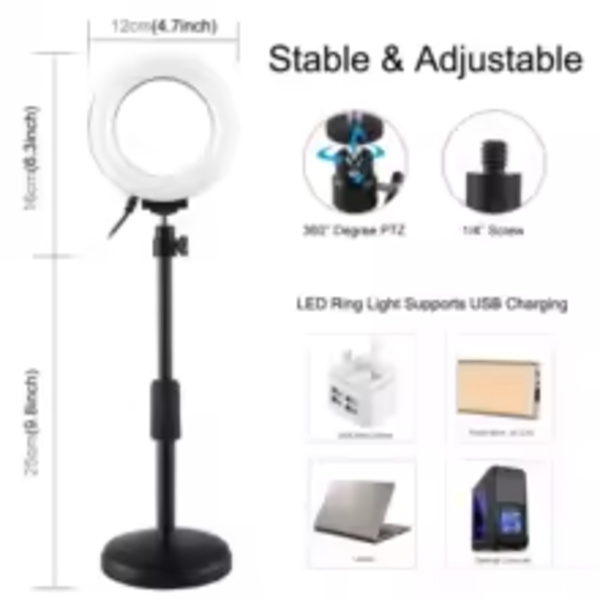 PULUZ Pyöreäpohjainen pöytäteline + 4,7 tuuman 12 cm 3 tilan USB himmennettävä LED-rengasvalovloggausvalaisin, säädettävä