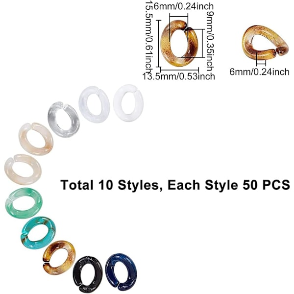 Ca 500 stk 10 farger Små akryl åpne lenkekoblinger 15,5x13,5 mm
