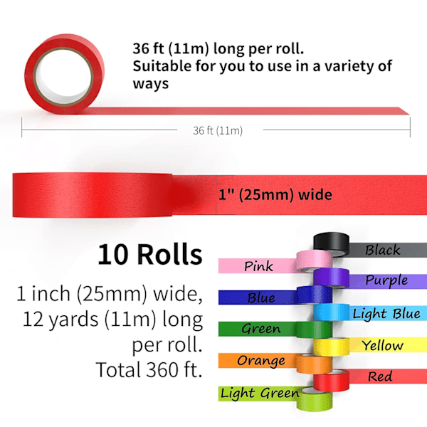 Farvede afdækningstape ruller. 1 tomme bred i alt 360 fod lang. Håndværksbånd