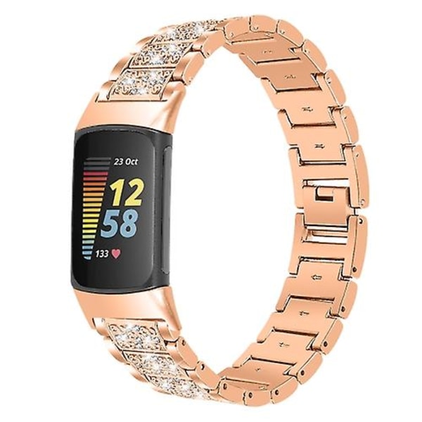 For Fitbit Charge 5 Diamond Stainless Steel Watch Band OCM Rose Gold