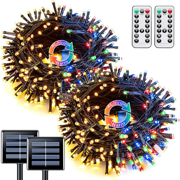 2-pack solcellslampor för jul med varmt vitt och flerfärgat ljus, 11 lägen fjärrkontroll, 100 LED vardera, 42,7 fot solcellslampor med färgväxling, vattentäta utomhus