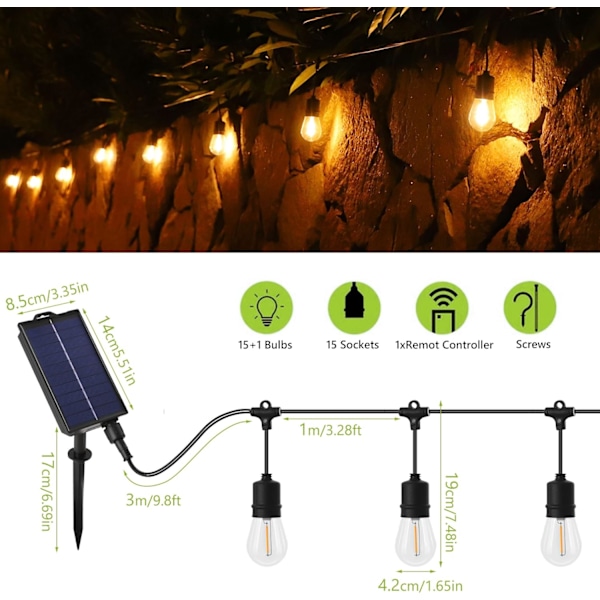 Solcelledrevne, vanntette LED-lyskjeder for utendørs bruk med dimbar fjernkontroll for hage, uteplass, pergola, lysthus, bistro, soverom, jul