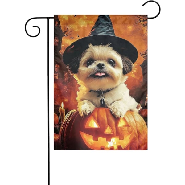 Hage Halloween Shih Tzu Hund Happy Halloween My Love Puppy Dobbeltsidig Holdbar 12x18 Utendørs Banner Dekor Hage s Hvit Hvit