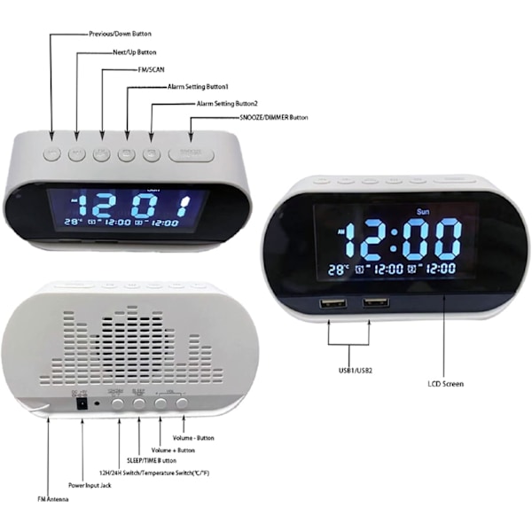Superhög larmklocka för sovrum, denna digitala väckarklocka med FM-radio, 2 USB-laddare, 2 väckarklockslägen, termometer, Baery White
