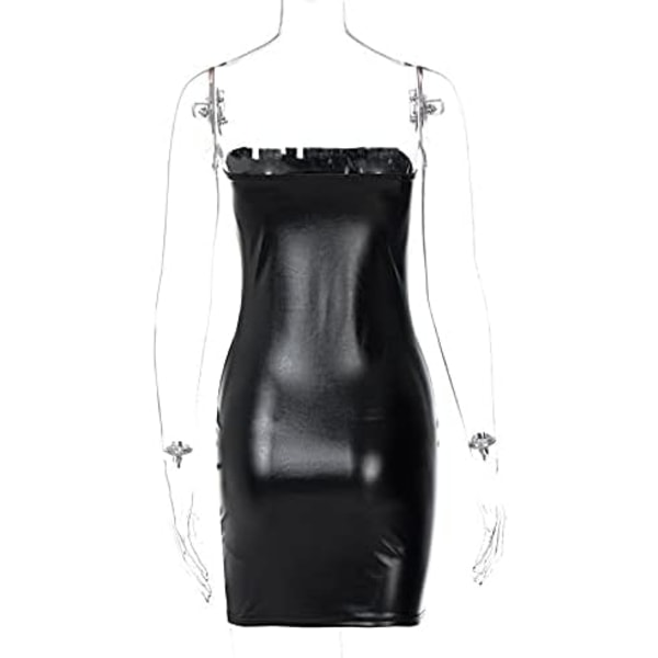 Kvinnor Sexig Klubb Fest Strapless Bodycon PU Läder Svart Ruched Latex Klänning