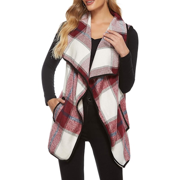 Dame Vest Lapel Åben Front Buffalo Plaid Ærmeløs Cardigan Jakke Frakke med