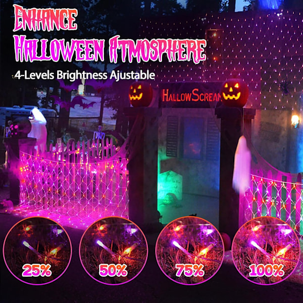 2 Pakker Hver 200 LED Halloween Net Lights Utendørs Vanntett 3M*2M Mesh Lights Fairy String Lights Plugg inn med Timer 8 Moduser for Bush Vindu