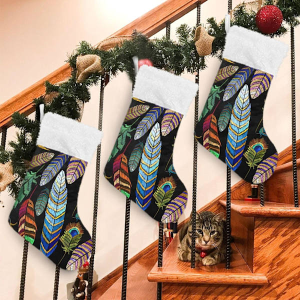 Julklapp, Personliga Julklappsstrumpor 2-pack Boho Regnbåge Fjäder Aztek 45,7 cm Julstrumpor Hängande Ornament Eldstad för Bygg