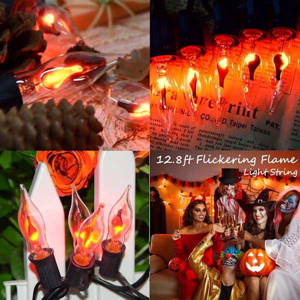 Halloween-lys innendørs flimrende flammelys med 10-pakning klare C7 flammelyspærer, 12,8 fot flammelys for innendørs utendørs