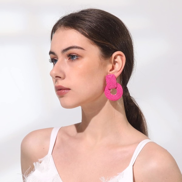 Statement Raffia Runda Örhängen - Boho Drop Handgjorda Halmörhängen