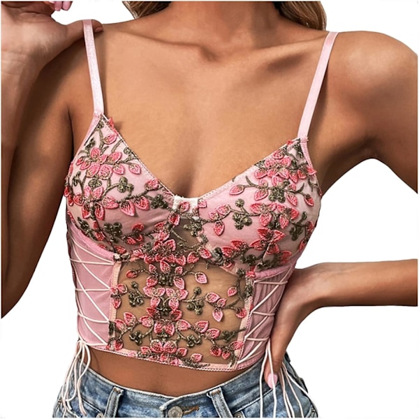 Crop Tops til kvinder med blomsterbroderi, spaghettistropper og beskåret top