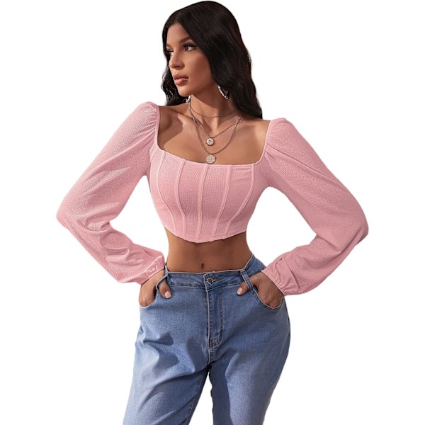 Kvinners langarmede Crop Top Tee Square Neck Basic T-skjorte