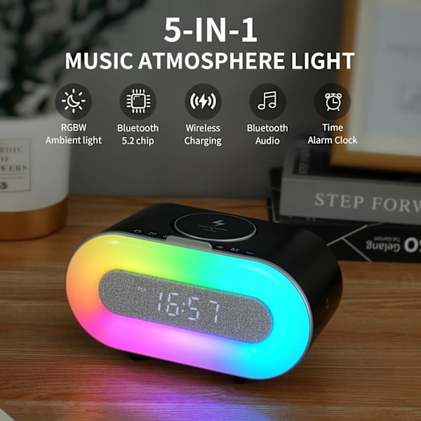 Bluetooth-högtalar väckarklocka med trådlös laddning 15W, RGB omgivande sänglampa, 4000mAh batteri Bluetooth-klocka, smarta musikpresenter för vuxna