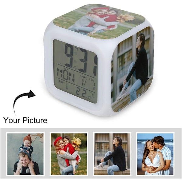Anpassad foto digital väckarklocka med datum och veckodag väckarklocka sängklocka modern inredning för sovrum hemmakontor sovsal (Stil 1)