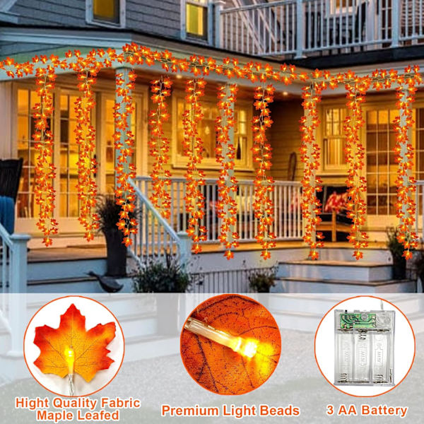 5 pak Ahornblad Fall Garland Lyskæder, Efterårsindretning 50 Ft/100 LED Forstørrede Efterårsblade Fall String Lights Vandtæt Batteridrevet orange Rød